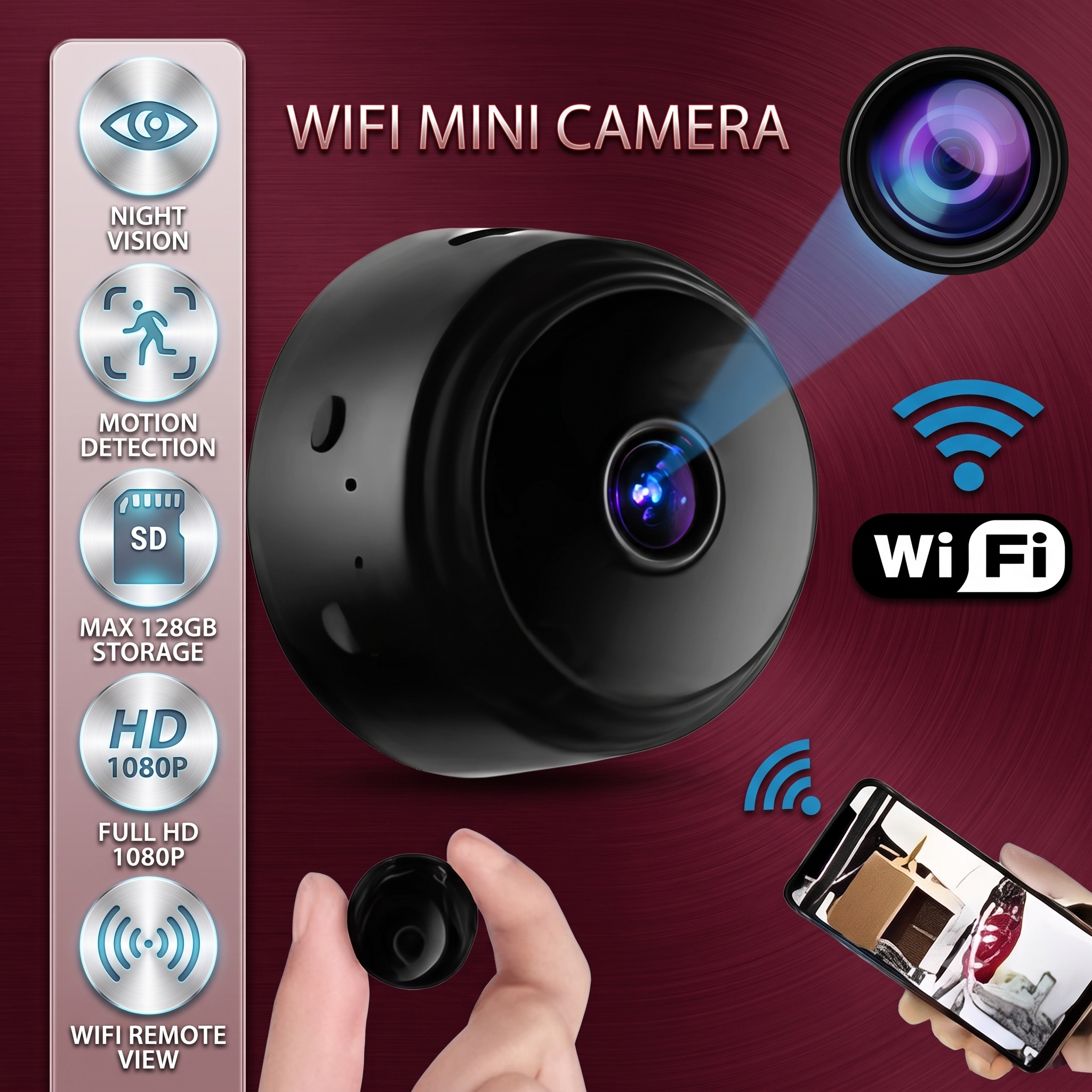 1080p HD Mini WiFi Security Camera | Wireless Indoor Surveillance & Voice Recorder