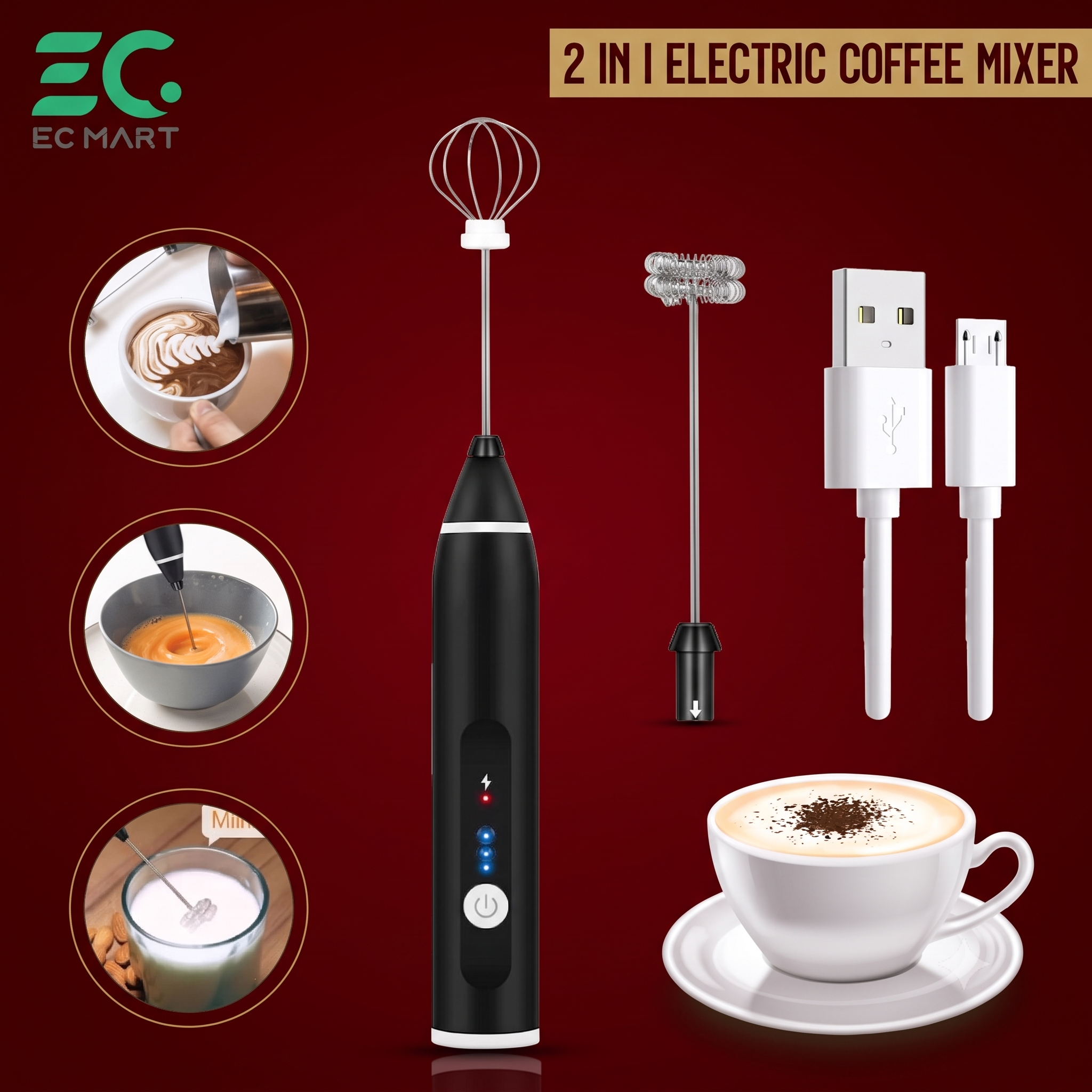 2-in-1 Rechargeable Milk Frother & Hand Mixer | USB Electric Coffee Foam Maker