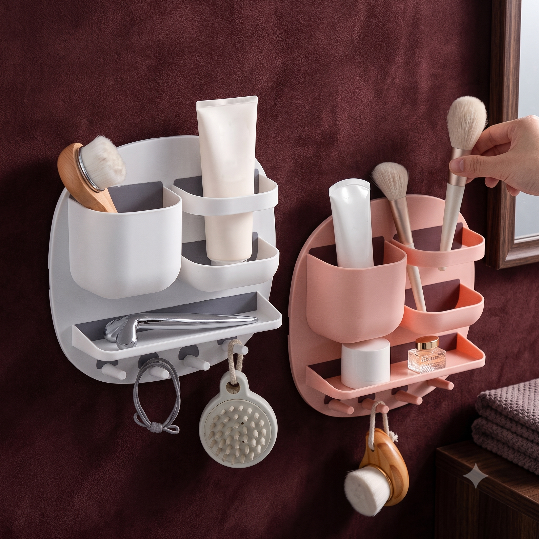 No-Drill Wall Mounted Floating Shelf with 4 Hooks | Multi-Purpose Bathroom & Office Organizer