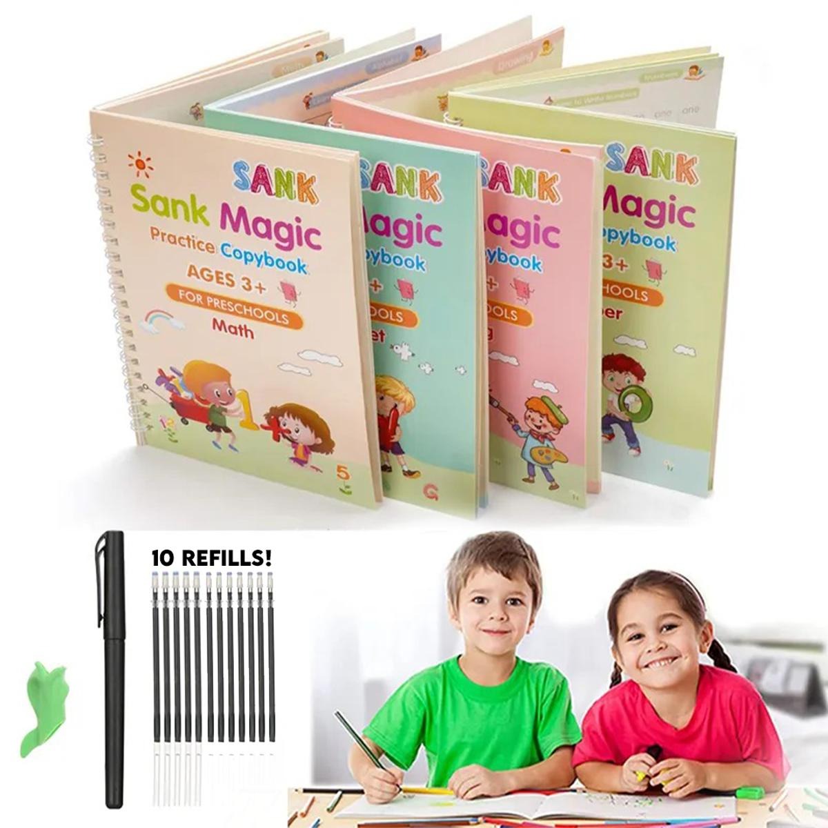 SANK Reusable Magic Practice Copybook Set | 4 Kids Handwriting Books + Pen & 10 Refills