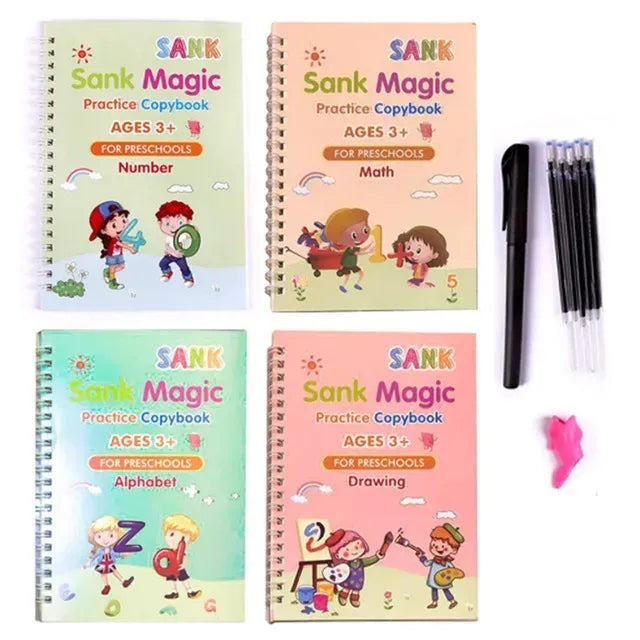 SANK Reusable Magic Practice Copybook Set | 4 Kids Handwriting Books + Pen & 10 Refills